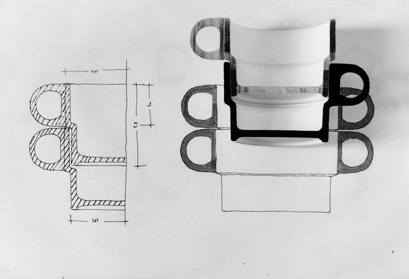 Schnitt der stapelbaren Geschirrserie TC100 von Nick Roericht an der HfG Ulm, 1959. Bild: Nick Roericht